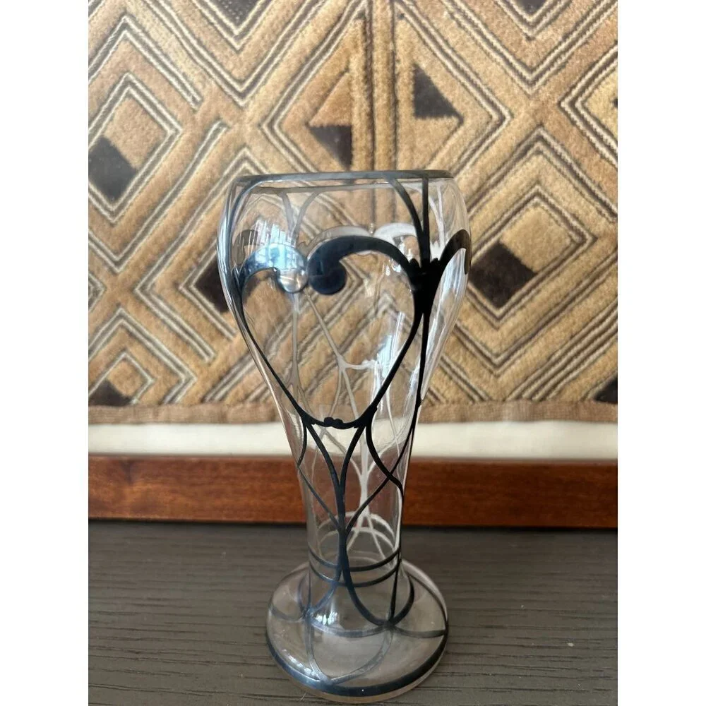 Handblown Art Glass Vase With Black & White Abstract Design - Elegant Decorative